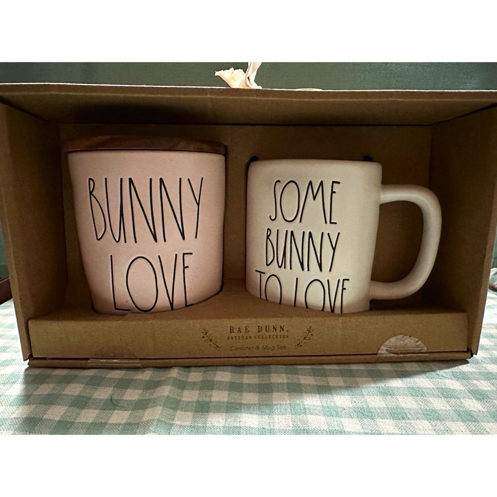 Rae Dunn Bunny Love Easter 2-Piece Coffee Mug Set for 2 White Ceramic